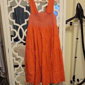 Anthropologie Orange Pleated Sundress Square Neck Midi
